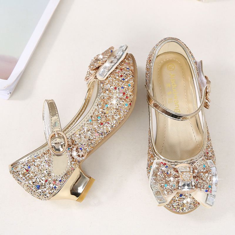 2025 Autumn New Girls' Small High Heel Leather Shoes Sequin Upper Bow Decoration Children's Dance Shoes