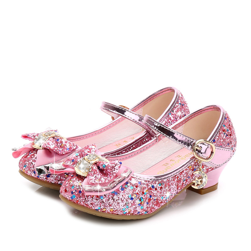 2025 Autumn New Girls' Small High Heel Leather Shoes Sequin Upper Bow Decoration Children's Dance Shoes