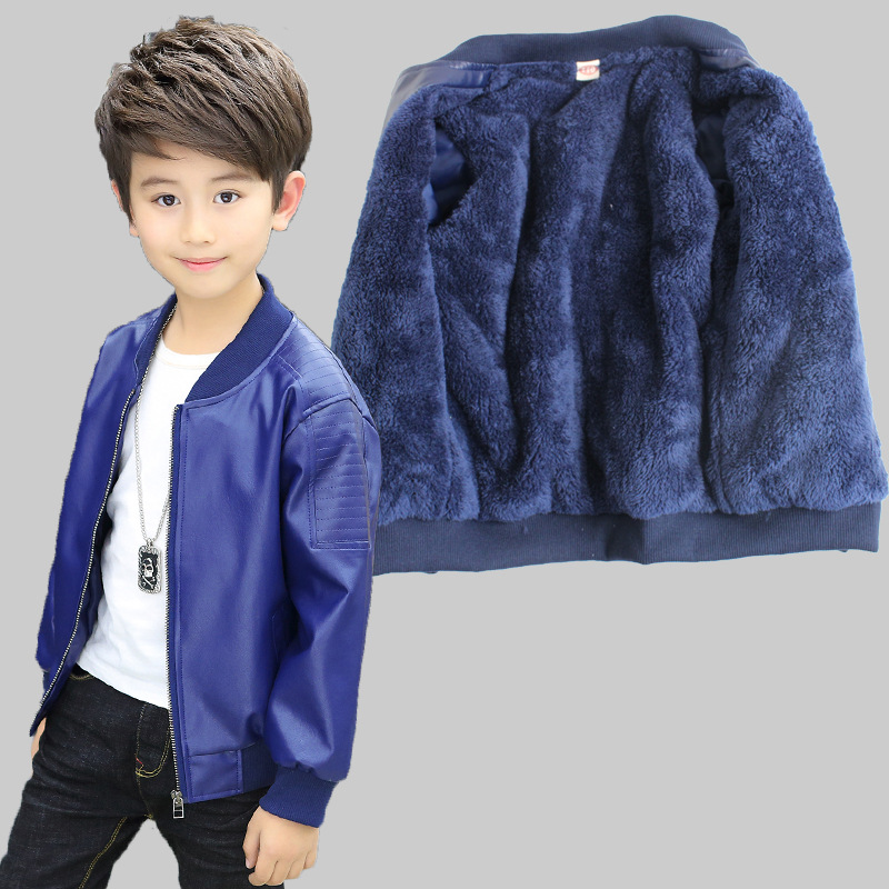 Boys' Winter Velvet Thickeneded Leather Jackets, Kidsren's Clothing, Kidsren's Medium and Large Kidsren's Pu Leather Jackets, One Piece Drop Shipping