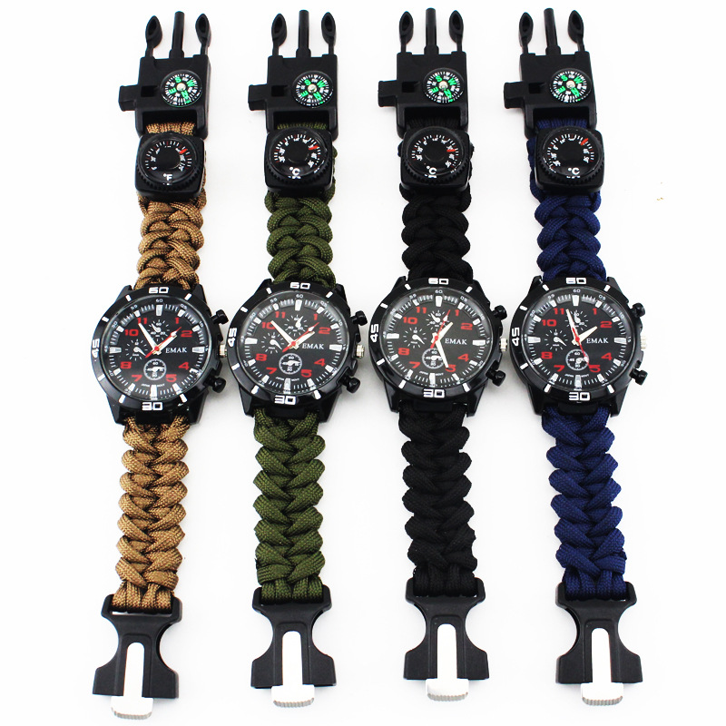 Outdoor Survival Supplies Fire Starter Wilderness Watch Nylon Braided Seven-Core Paracord Emergency Bracelet in Stock Camouflage