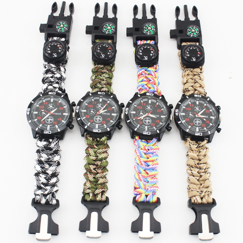 Outdoor Survival Supplies Fire Starter Wilderness Watch Nylon Braided Seven-Core Paracord Emergency Bracelet in Stock Camouflage