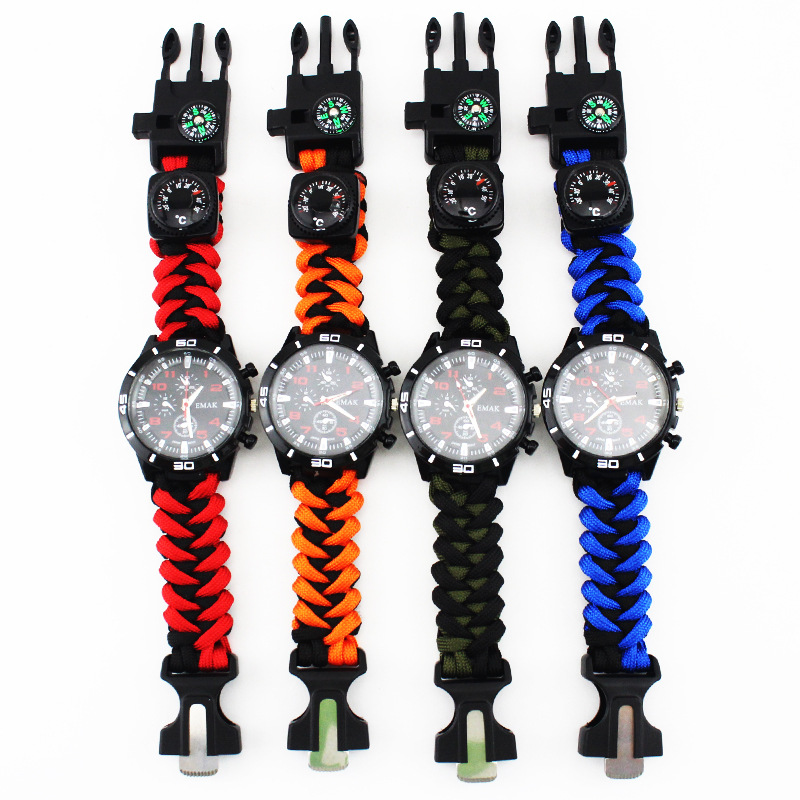 Outdoor Survival Supplies Fire Starter Wilderness Watch Nylon Braided Seven-Core Paracord Emergency Bracelet in Stock Camouflage