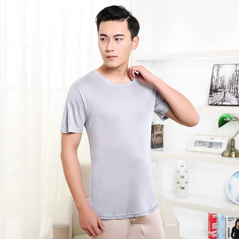 Mulberry Silk Pajamas Men's Spring and Autumn Silk Men's Home Clothes Luxury Knitted Short-sleeved Home T-shirt Comfortable T-shirt