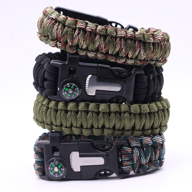 Wholesale Outdoor Equipment Escape Mountaineering Bracelet Seven-Core Paracord with Whistle Survival Flint Woven Bracelet