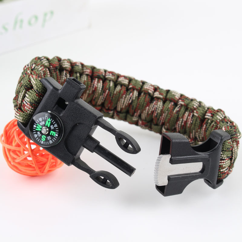 Wholesale Outdoor Equipment Escape Mountaineering Bracelet Seven-Core Paracord with Whistle Survival Flint Woven Bracelet