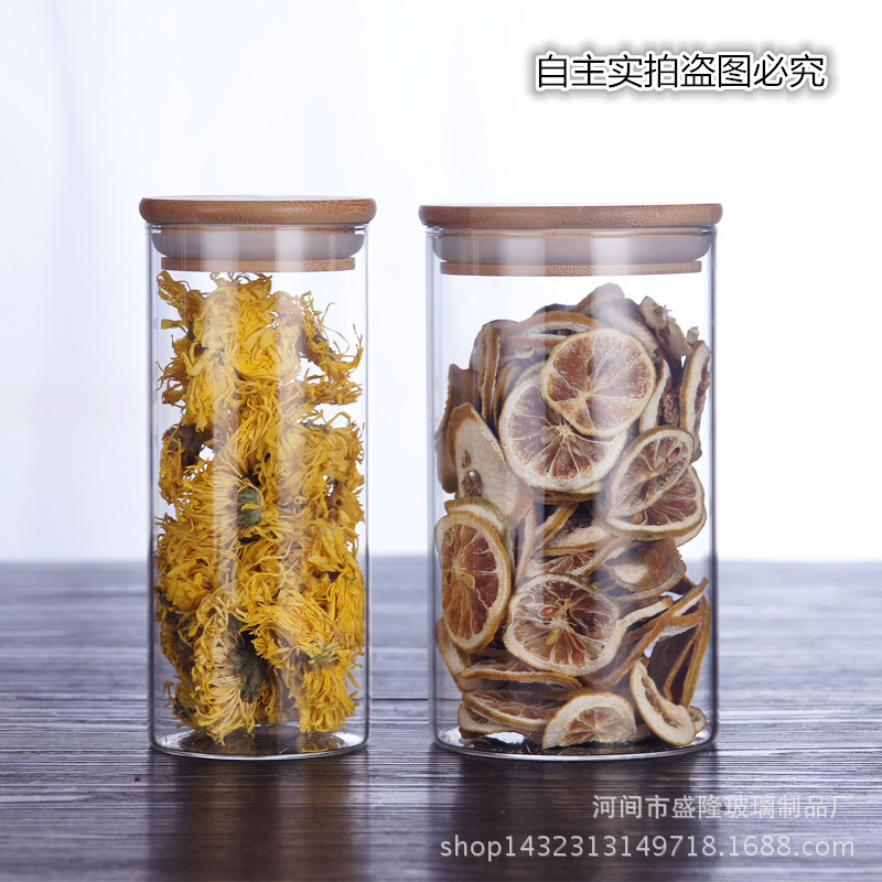 High Borosilicate Glass Sealed Jar, Bamboo Lid Tea Jar, Kitchen Grain Snack Glass Storage Jar, Straight Storage Bottle