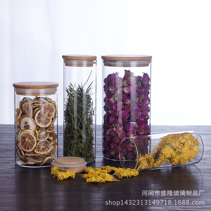 High Borosilicate Glass Sealed Jar, Bamboo Lid Tea Jar, Kitchen Grain Snack Glass Storage Jar, Straight Storage Bottle
