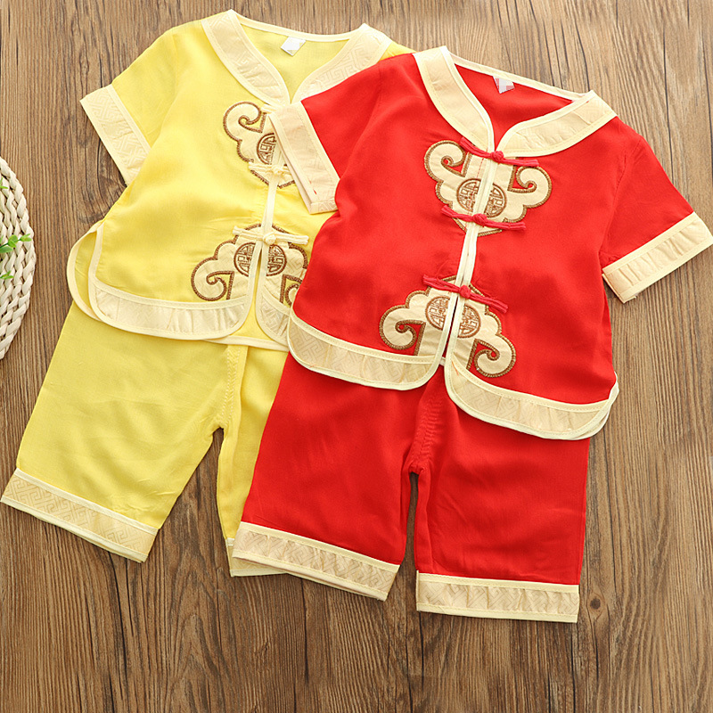 2020 Chinese Style Boys' Dragon's Prayer Tang Suit Cotton Silk Short-Sleeved Suit Double Unicorn Boy's Tang Suit Performance Suit