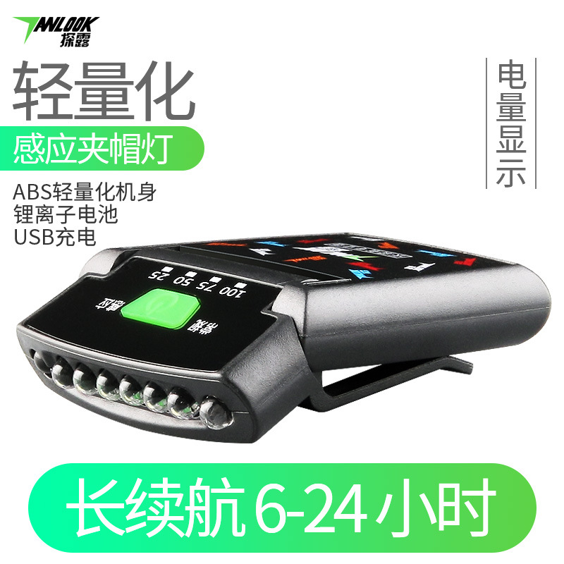 Detection sensor headlight night fishing rechargeable strong light super bright LED clip hat light brim head-mounted fishing waterproof