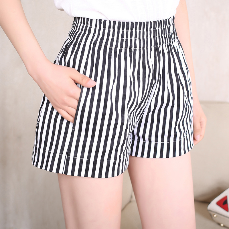 Vertical Stripesd High-Waisted Wide-Leg Pants for Outer Wear, Beach Summer Women's Shorts for Fat Mm, Large Size Casual Hot Pants for Students to Look Slim and Trendy