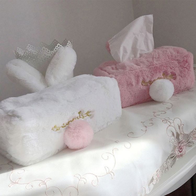 Soft cute pink rabbit plush tissue cover rabbit ears home car living room tissue box cartoon paper box