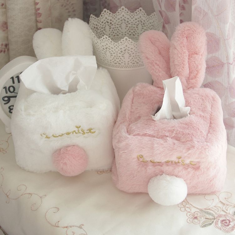 Soft cute pink rabbit plush tissue cover rabbit ears home car living room tissue box cartoon paper box