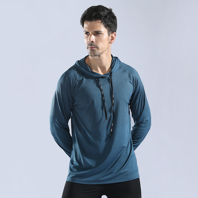 Men's Autumn and Winter Hooded Sweatshirt Pullover High Elastic Quick-Drying Fitness Clothing Running Training Clothing Sportswear Long-Sleeved T-Shirt 10857