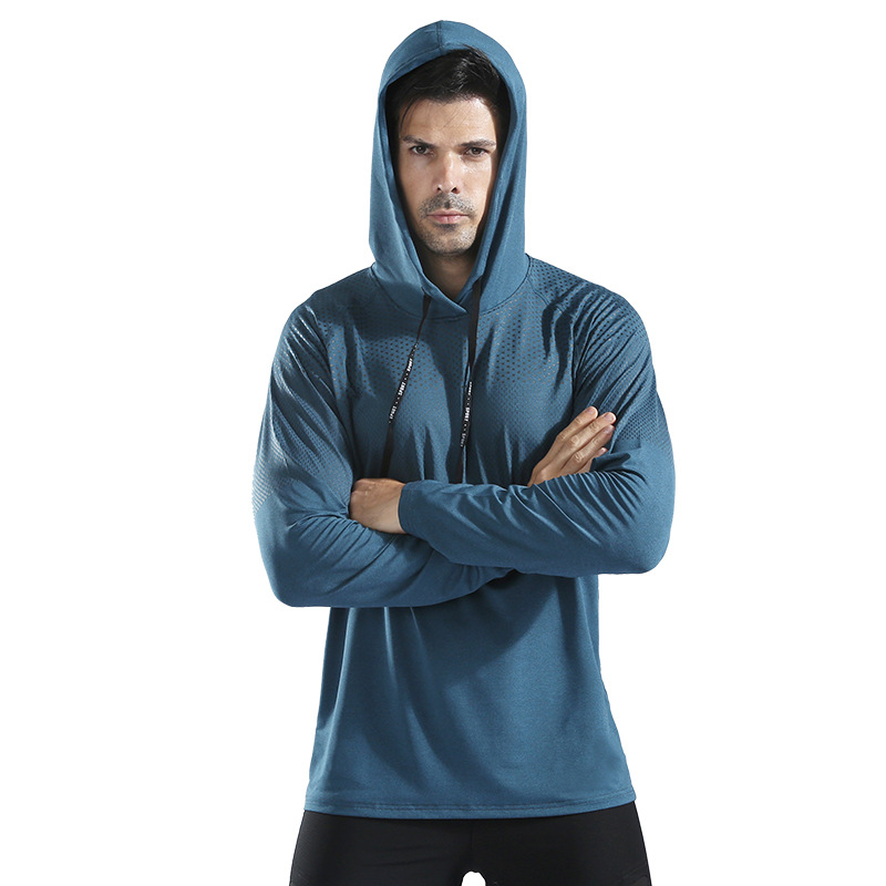 Men's Autumn and Winter Hooded Sweatshirt Pullover High Elastic Quick-Drying Fitness Clothing Running Training Clothing Sportswear Long-Sleeved T-Shirt 10857