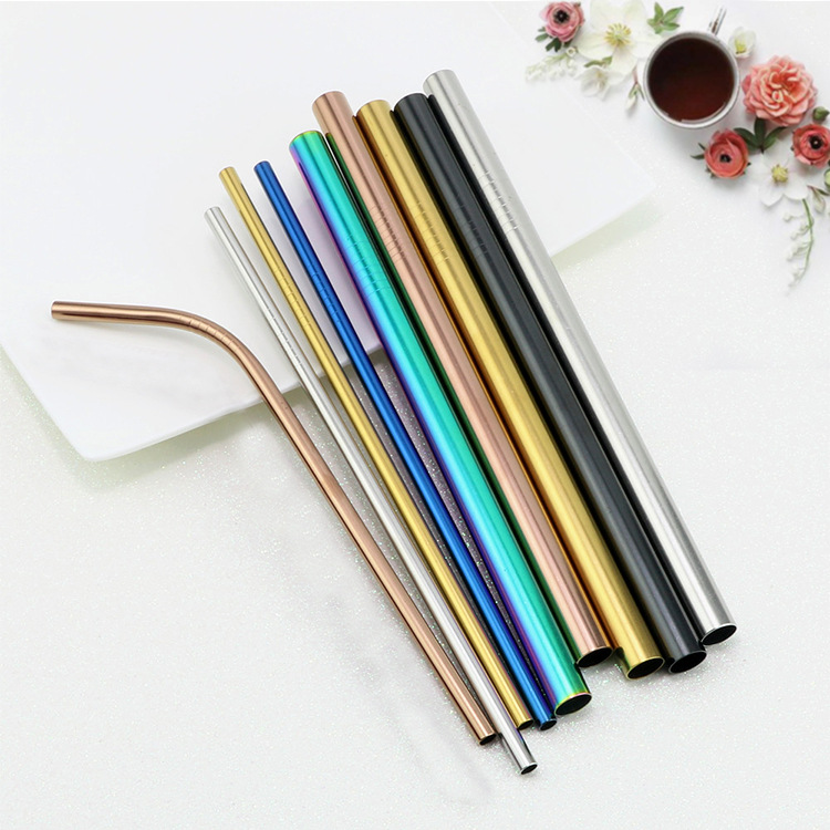 Manufacturer 304 Stainless Steel Straw Beverage Milk Tea Elbow Coffee Creative Metal Colorful Straw Set with Logo Printed