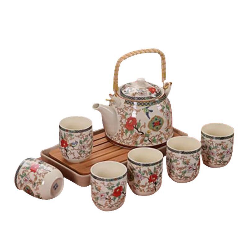 Tea Set Set Large Teapot Blue and White Porcelain 7-Head Handle Pot Peony Ceramic Chinese Retro Wholesale Household Tea Cup