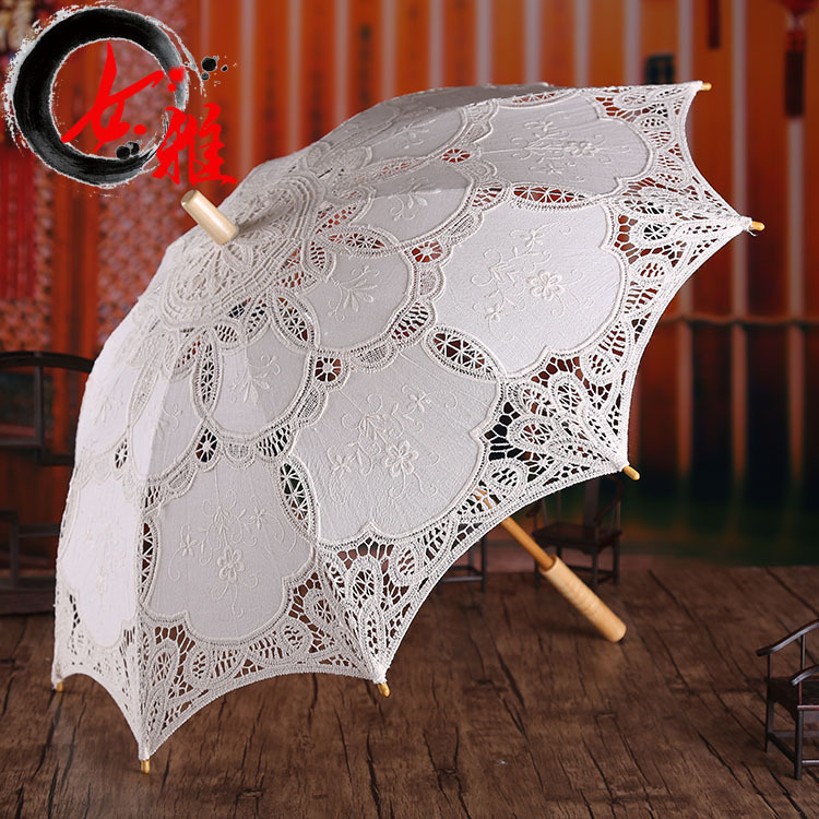 Белый чисто белый свадебный кружевной зонтик вышитый хлопковый зонтик европейский стиль деревянная ручка свадебные реквизиты свадебный декоративный зонтик