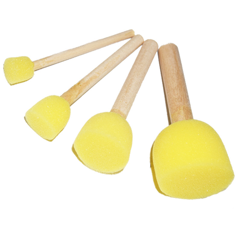Cross-Border Sponge Painting Brush Round Wooden Handle Sponge Seal DIY Mushroom Painting Kindergarten Graffiti Tool 4 Pack