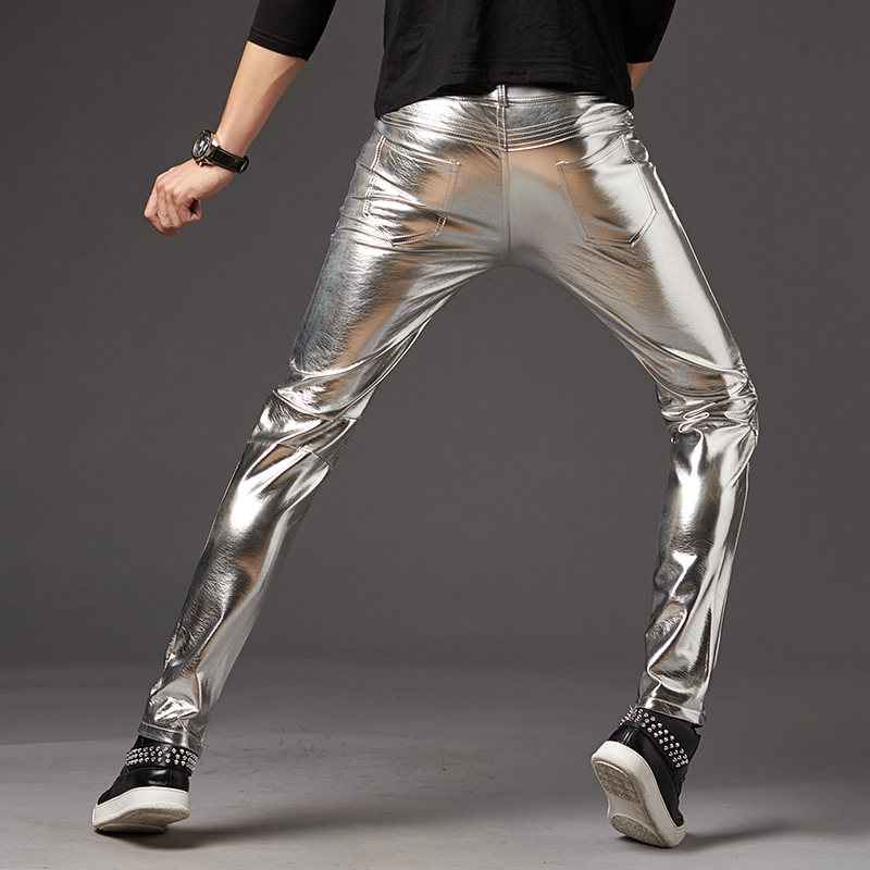 2025 Autumn and Winter Men's Leather Pants Korean Style Slim Small Leg Pants Stage Performance Men's Motorcycle Men's Glossy Silver Leather Pants
