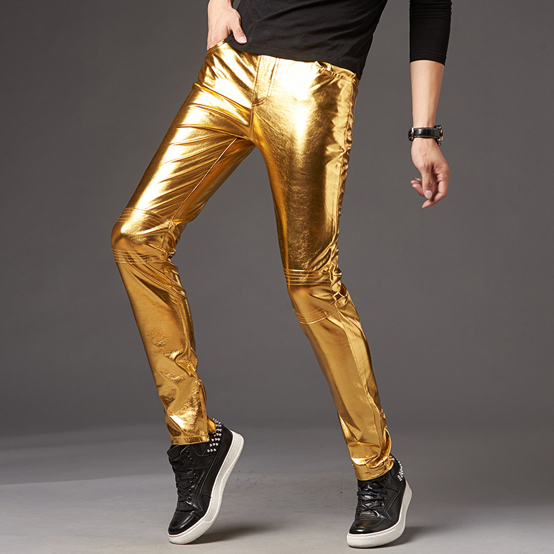 2025 Autumn and Winter Men's Leather Pants Korean Style Slim Small Leg Pants Stage Performance Men's Motorcycle Men's Glossy Silver Leather Pants