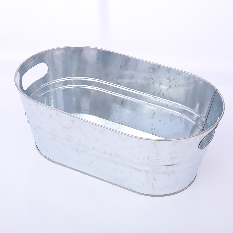 Oval Galvanized Iron Ice Bucket Stainless Steel Original Color Satchel Iron Bucket Ktv Bar with Iced Beer Metal Iron Bucket