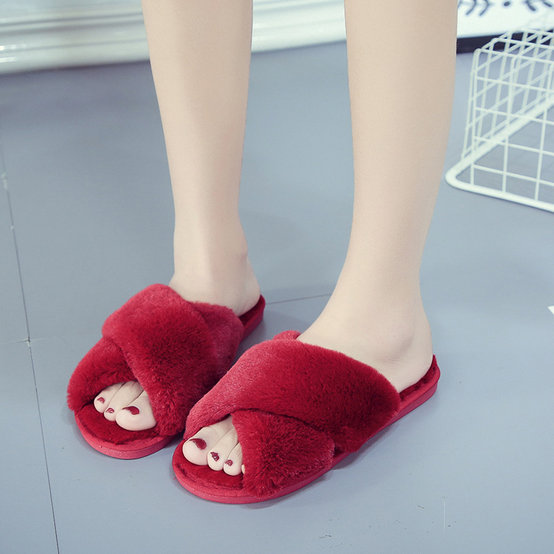 Cross Mao Mao Slippers Women's Winter Foreign Trade Amazon Large Size Indoor Plush Flat Floor Mops Open Toe Warm Cotton Mops