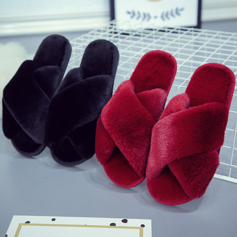 Cross Mao Mao Slippers Women's Winter Foreign Trade Amazon Large Size Indoor Plush Flat Floor Mops Open Toe Warm Cotton Mops