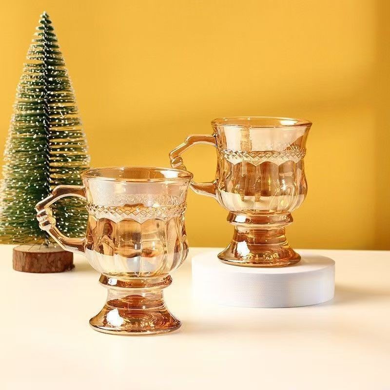 Ins Vintage Anaglyph Glass with Handlebar High-foot Amber Cup High-value Girl's Heart Accompanying Wine Cup Coffee Cup