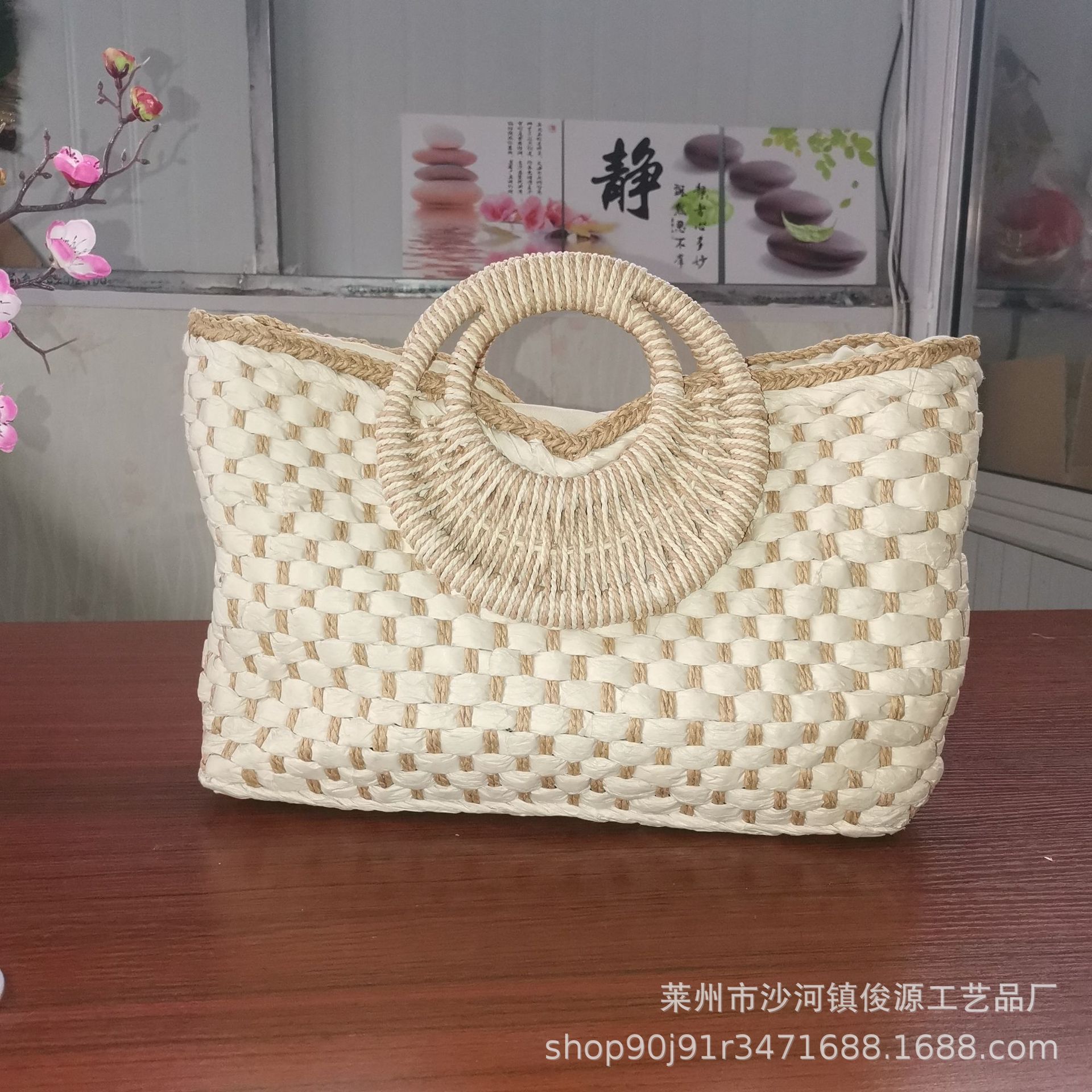 Corn Skin Paper Embryo Dig Straw Woven Bag Bamboo and Rattan Large Round Handle Casual Women's Bag