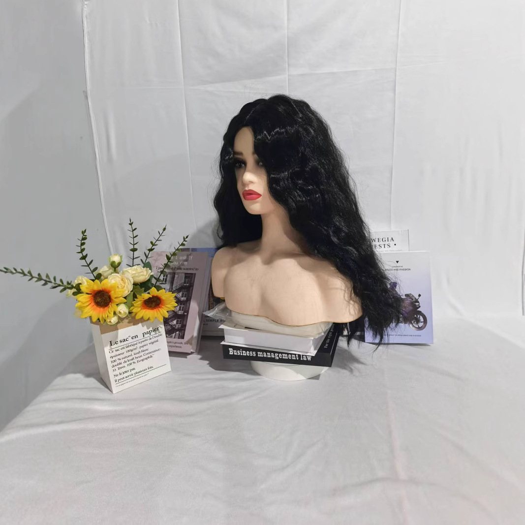 Middle Corn Hot Europe, America and Africa Cross-border Long Roll Wig Black Chemical Fiber High Temperature Silk Fluffy Natural Full Head Cover