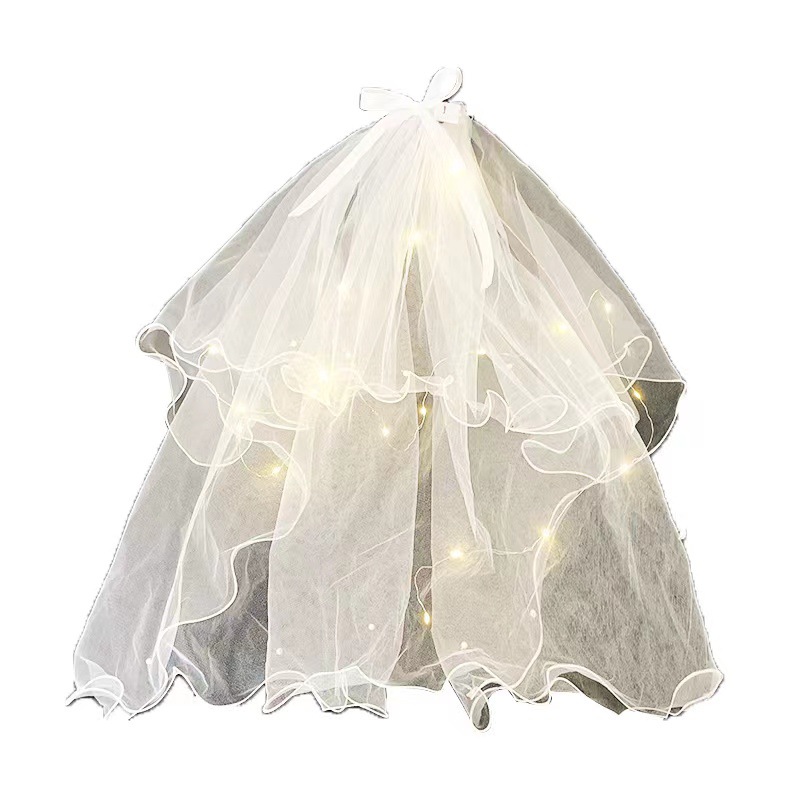 Internet Celebrity Luminous Veil with Light Double-layer Puffy Bow Pearl Veil Night Market Stall Supply Kindergarten Gifts