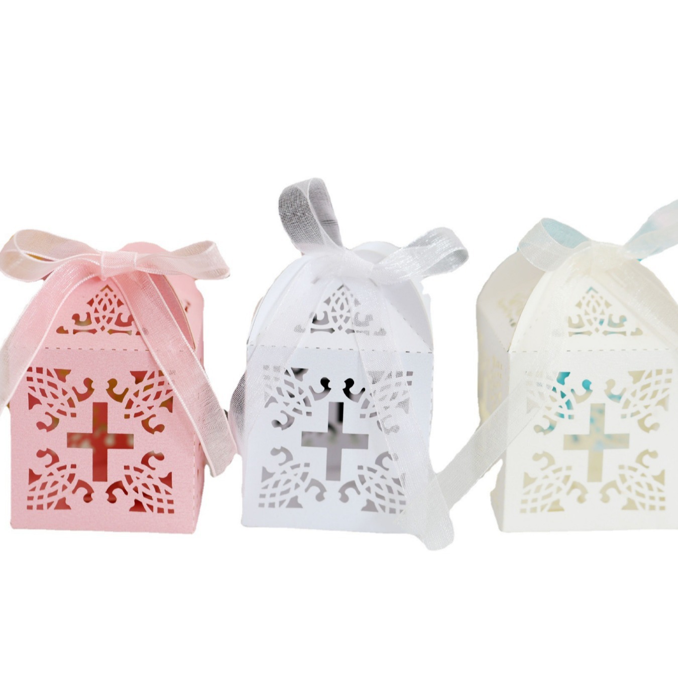 Cross-Border Wedding Cross Flower Ribbon Wedding Candy Box Wedding Laser Hollow White Pearlescent Paper Box Factory Ready Stock