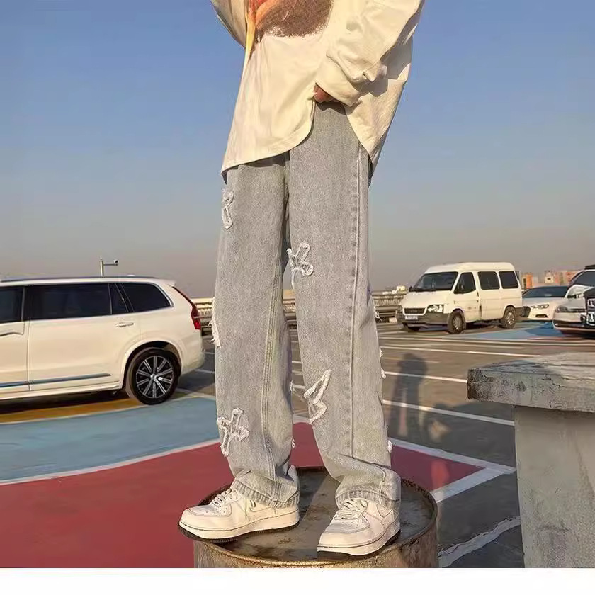 High Street American Style Patch Jeans Men's Trendy Brand Hip-Hop Pants with Flash Edge Design Sense Zipper Long Pants for Young Men