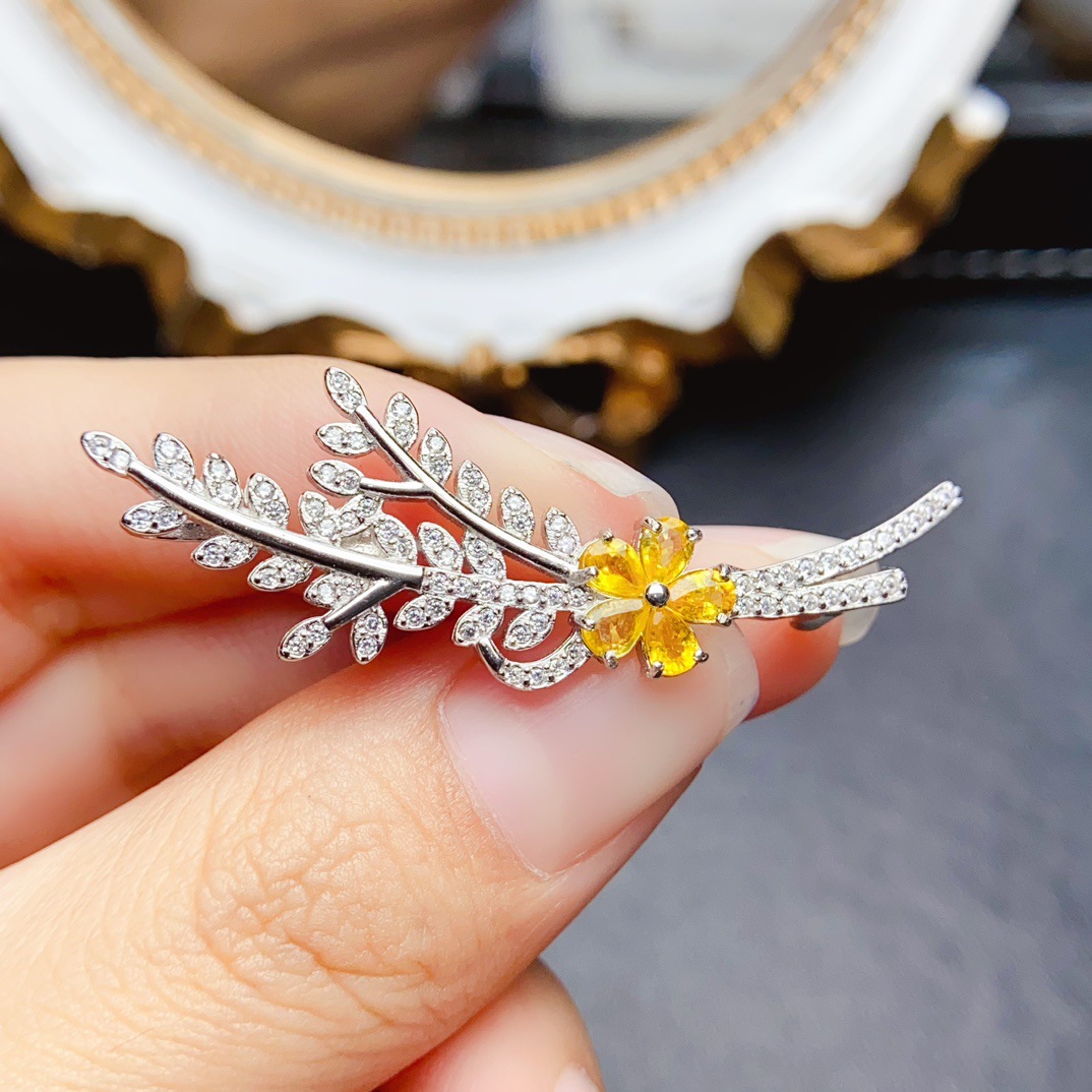 New natural yellow blue treasure brooch S925 silver inlaid main stone 3*4mm Joker net red explosions women's jewelry wholesale