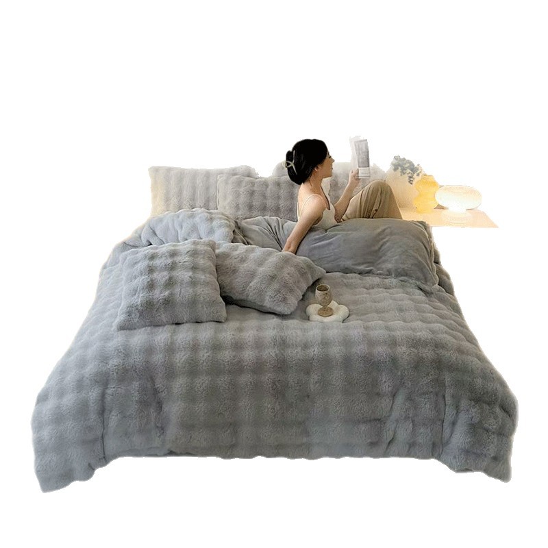 High-End Rabbit Plush Four-Piece Milk Velvet Bedding Set Thickened Double-Sided Milk Velvet Winter Bed Quilt Cover Ready for Sale