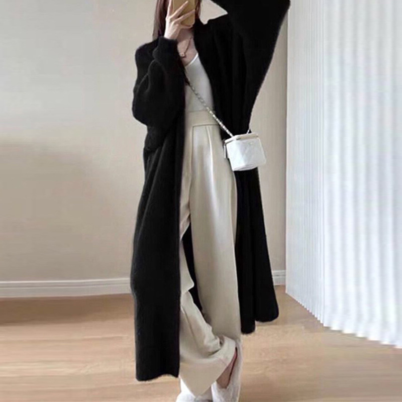 Korean Style Extra Long Over-The-Knee Imitation Mink Sweater Cardigan for Women Autumn and Winter New Style Lazy Style Loose Thickeneded Sweater Jacket