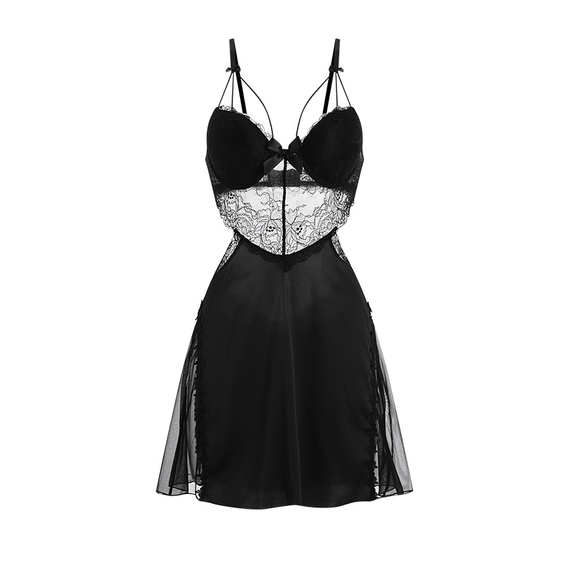 Guiruo sexy lace perspective temptation steel ring gathered with chest pad plus size strap skirt women's home clothing suit 2044