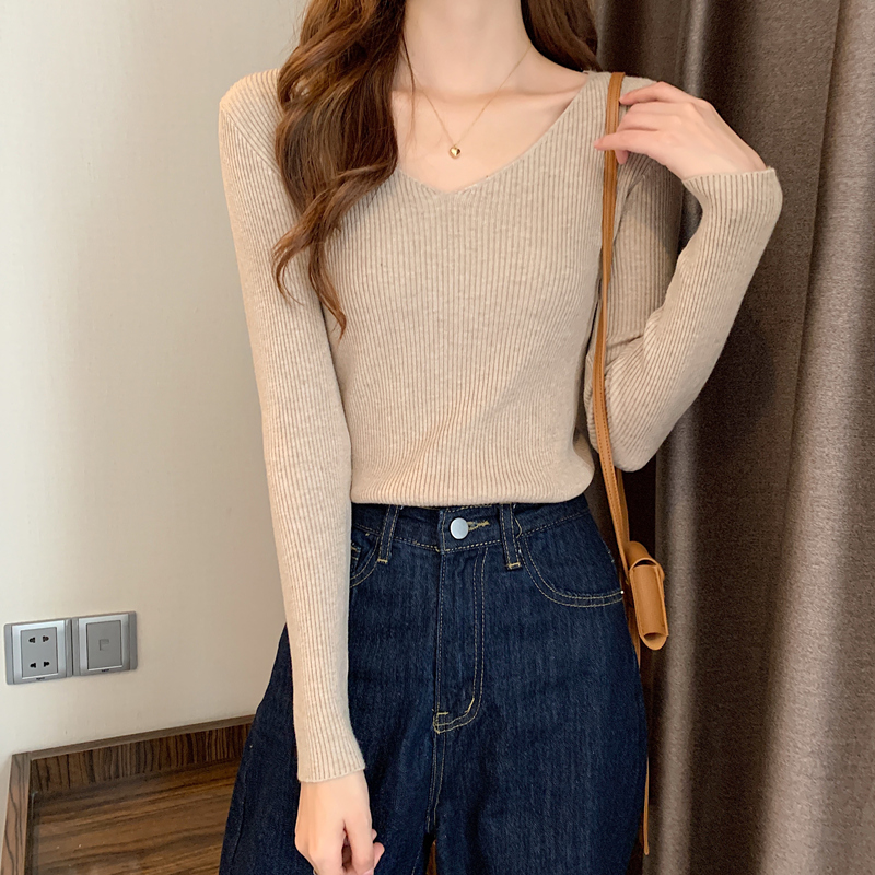 Autumn and Winter New Slim-Fitting V-Neck Long-Sleeved Inner Knitwear Tops Spring & Fall Style Knitwear Women's Bottoming Shirts