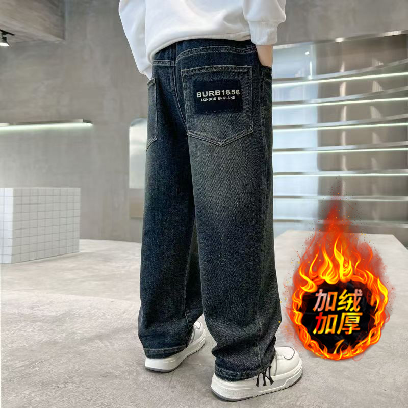 Autumn and Winter New Boys' Fleece-Lined Thickened Jeans, Loose Long Pants for Older Children, Elementary School Students, Children's Pants for Spring and Autumn