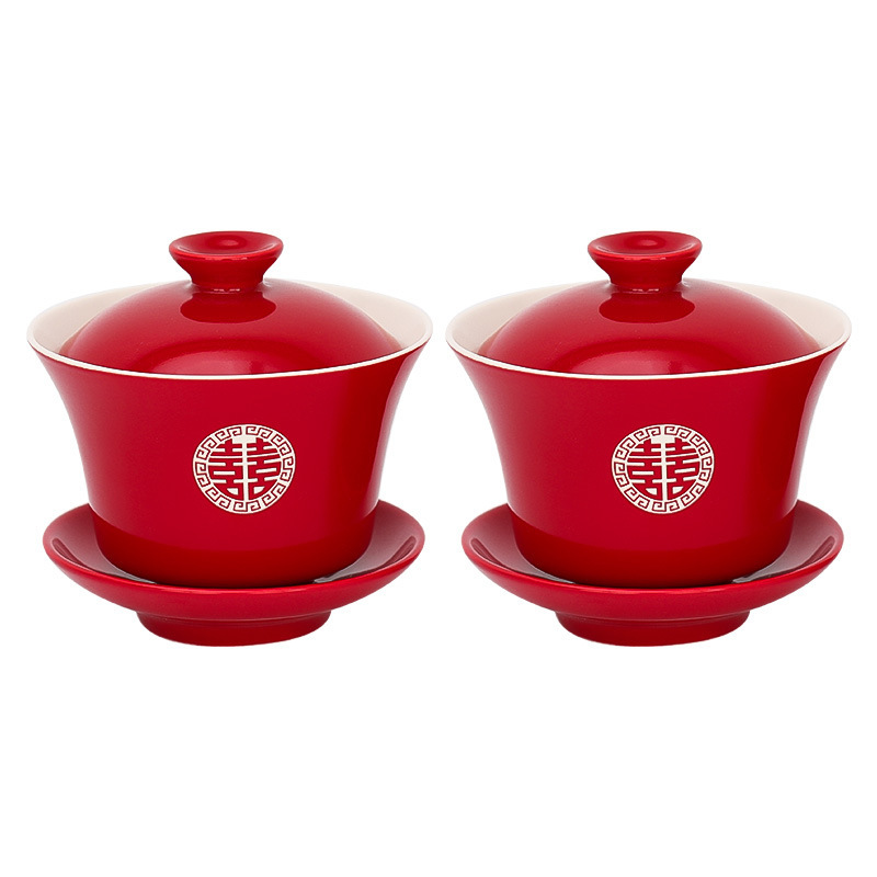 Wedding Tea Cup Set with Red Double Happiness Character for Marriage Ceremony
