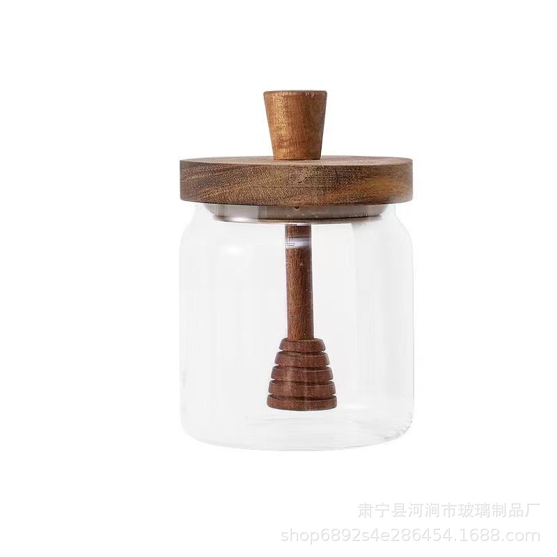 Wooden cover honey jar high-grade wooden stirring rod glass sealed jar factory wholesale transparent honey storage jar