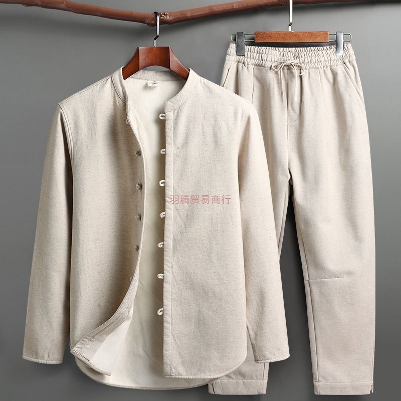 Tang Suit Men's Autumn and Winter Velvet Thickeneded Suit Chinese Retro Buttoned Stand-Up Collar Long-Sleeved Cotton and Linen Bottoming Shirt Jacket