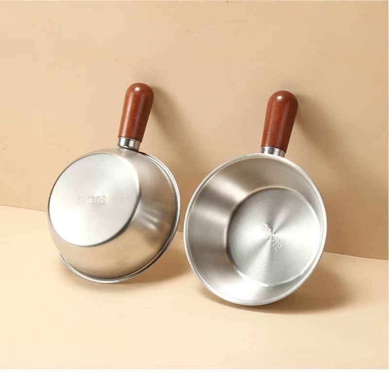 Cross-Border Stainless Steel Small Milk Pot Walnut Handle One-Person Cooking Pot Instant Noodle Pot Salad Cooking Egg Bowl Hot Oil Pot