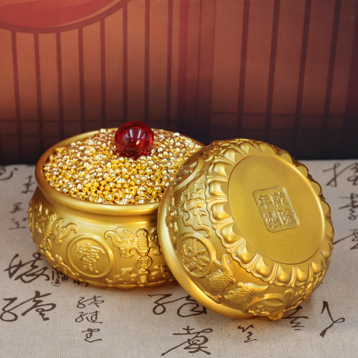 Brass Eight Blessings Double Fish Treasure Bowl Ornament, Wealth-Attracting Treasure Bowl Filled with Ingots, Entrance Desk Wealth-Attracting Craft