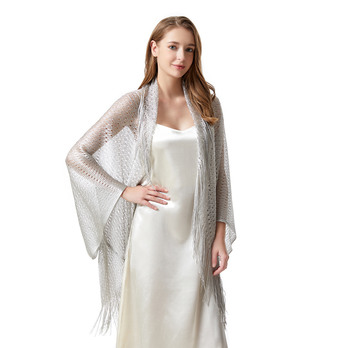 2024 New Polyester Batwing Sleeve Shawl Gold and Silver Summer Thin Outer Hollow Tassel Sunscreen plus size Cardigan