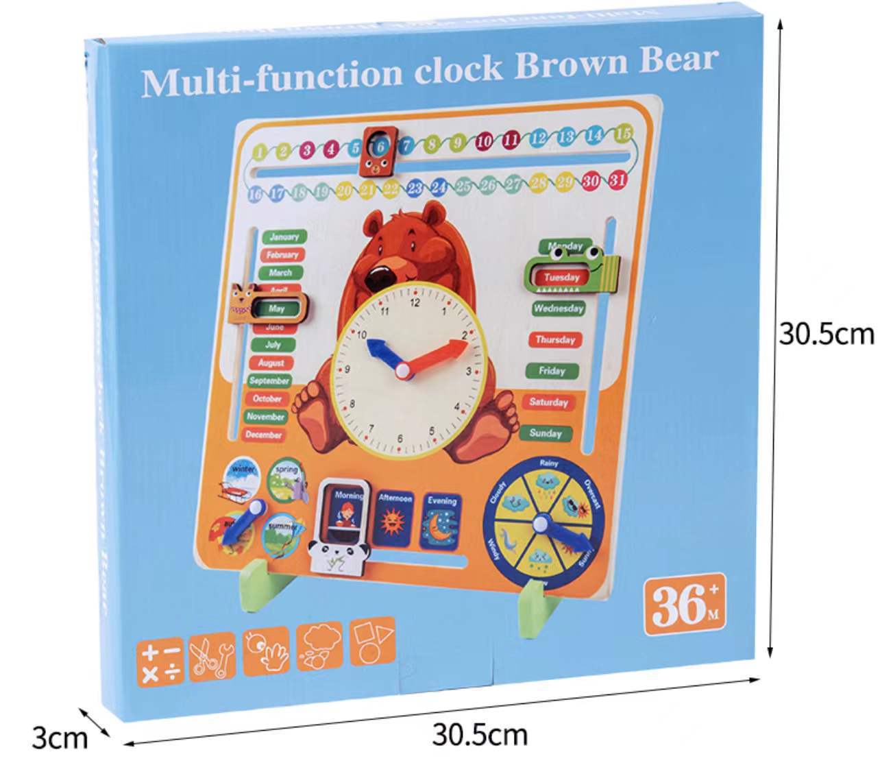 Wooden Multifunctional Clock Early Education Cognitive Baby Kindergarten Toy Bear-Shaped Shape Learning Building Blocks 12 Educational
