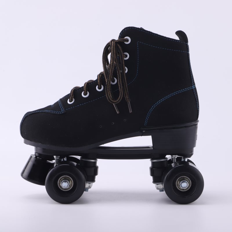 Boge adult double row skates four-wheel cowhide PU flash All Black Roller Skates roller skates special offer