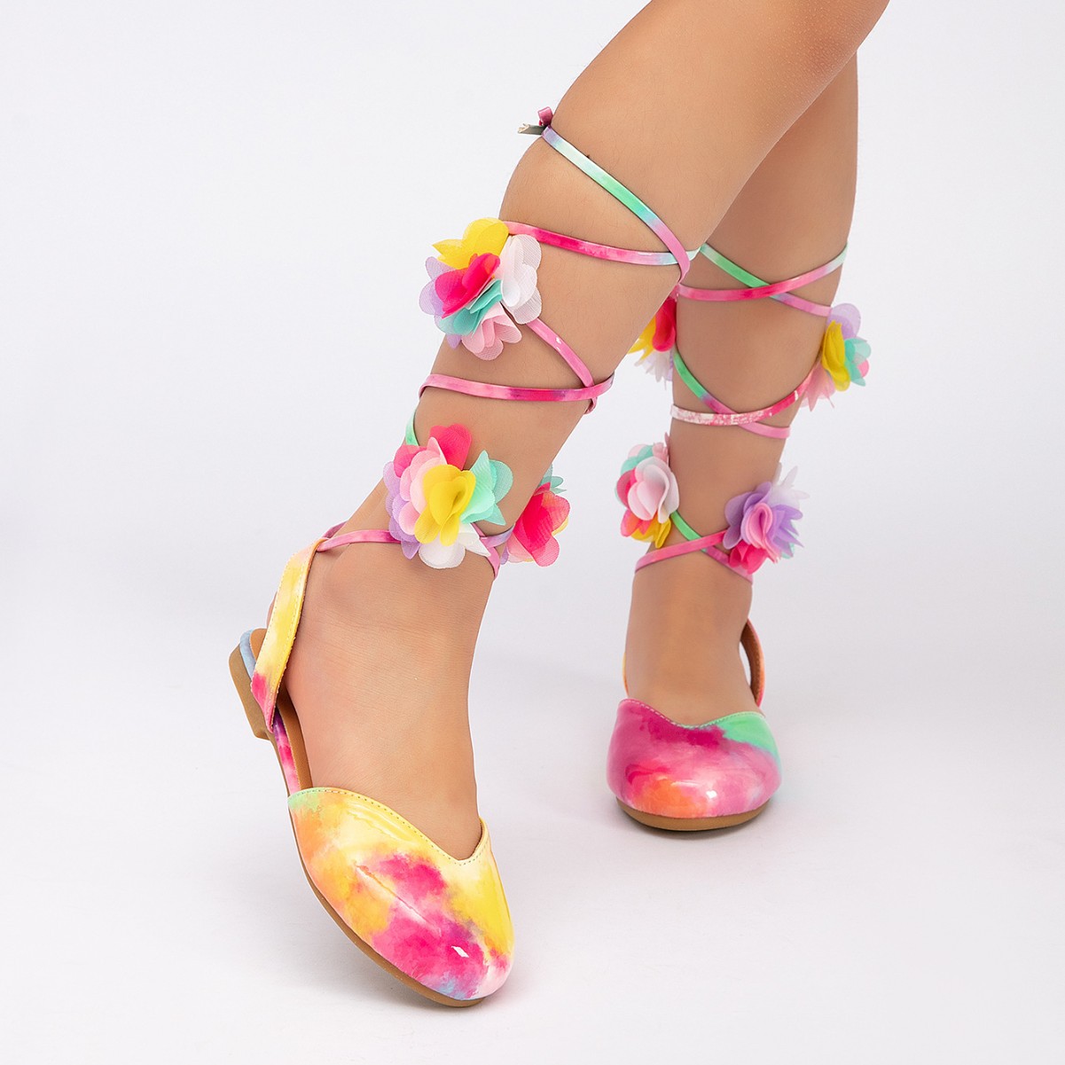 Cross-Border Girls' Leather Shoes, New Summer Style, Performance Mesh Flower Soft Sole, Non-Slip, Comfortable Soft Sole Lace-Up Flat Shoes