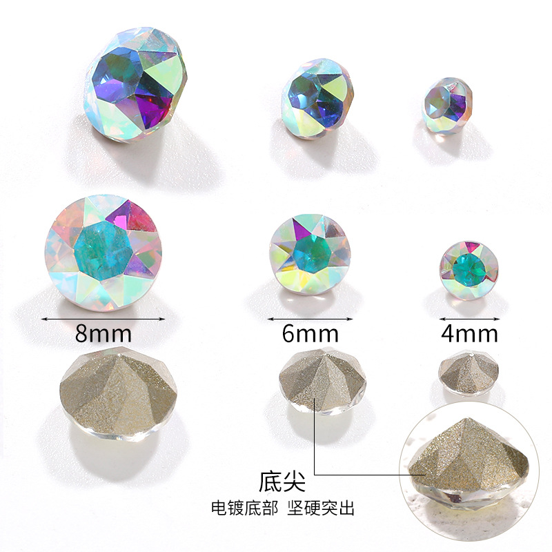 Popular Shiyue Noodles Eight Big Eight Small Pointed Bottom Diamonds 4/6/8mm Clothing Ornaments Multi-Faceted Handmade Material Glass Diamonds