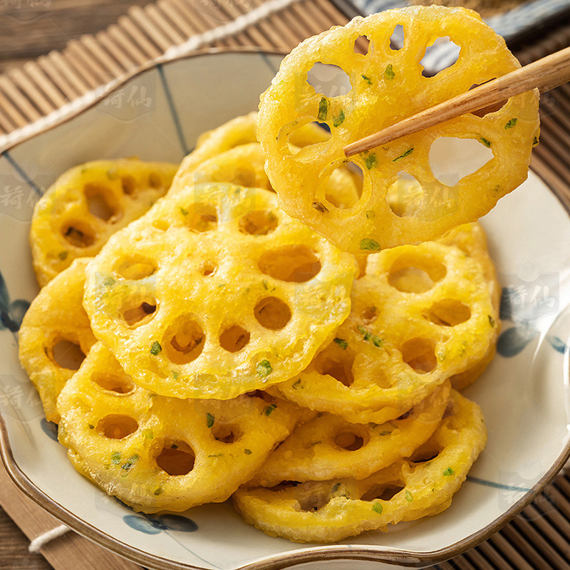 Crispy Lotus Root Slices with Scallion Flavor 500g Crispy Lotus Root Box Crispy Lotus Root Coated with Flour for Commercial Frying Semi-Finished Product